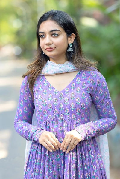 Nermosa Women Printed Anarkali Kurta and Pant Set with Dupatta