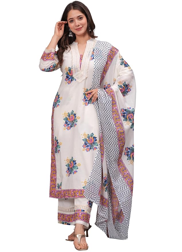Amayra Women's Pure Cotton Printed Straight Kurta Set with Palazzo Pants & Dupatta- Ethnic Wear, White