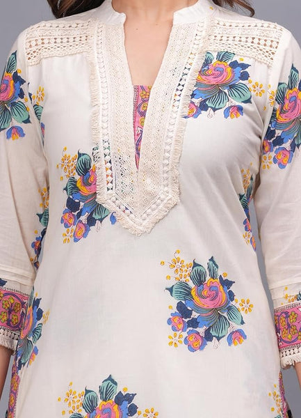 Amayra Women's Pure Cotton Printed Straight Kurta Set with Palazzo Pants & Dupatta- Ethnic Wear, White