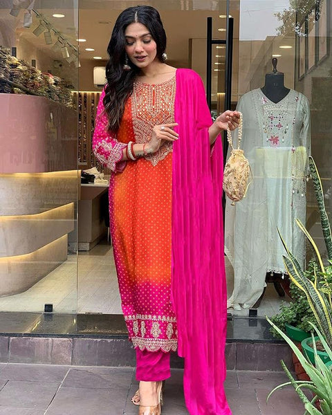 GoSriKi Women's Rayon Blend Straight Embroidered Kurta with Pant & Dupatta