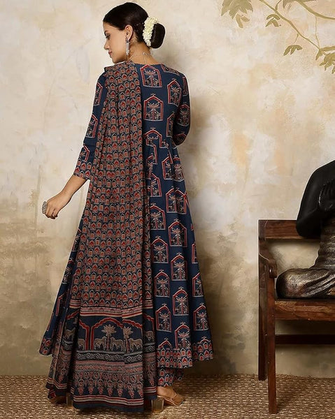 GEKHA|Women's Red Cotton Printed Flared Kurta with Cotton Pant and Cotton Printed Dupatta Sets | Ethnic Set | Dupatta Set | Suit Set | Kurta Set | Wedding Suit Set