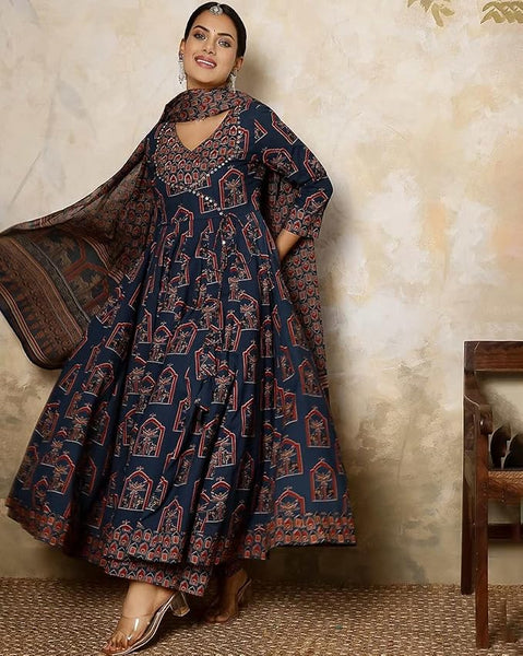 GEKHA|Women's Red Cotton Printed Flared Kurta with Cotton Pant and Cotton Printed Dupatta Sets | Ethnic Set | Dupatta Set | Suit Set | Kurta Set | Wedding Suit Set