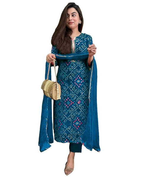 GoSriKi Women's Rayon Viscose Straight Bandhej Printed Kurta with Pant & Dupatta