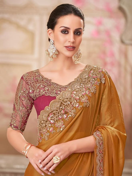 AKHILAM Women's Multicolor Satin Silk Embroidered Saree With Unstitched Blouse Piece (SILVER31001_TFH_Parent)