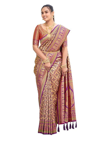 MANOHARI Women's Trendy Banarasi Woven Saree with Heavy Jacquard Work, Elegant Design, Silk Saree with Maching Lace Border Unstitched Blouse Piece for Weddings & Festive Occasions