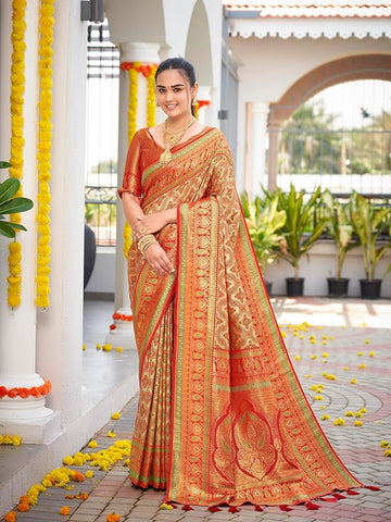 MANOHARI Women's Trendy Banarasi Woven Saree with Heavy Jacquard Work, Elegant Design, Silk Saree with Maching Lace Border Unstitched Blouse Piece for Weddings & Festive Occasions