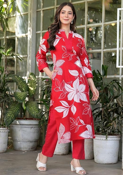 MEERA FAB Women's Pure Cotton Printed Ethnic Wear Straight Kurta Set with Palazzo Pants