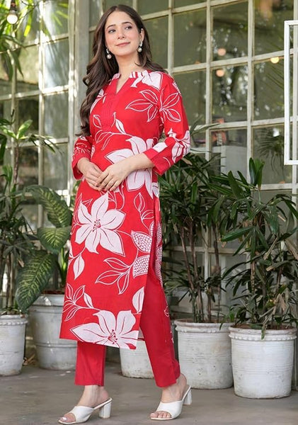 MEERA FAB Women's Pure Cotton Printed Ethnic Wear Straight Kurta Set with Palazzo Pants
