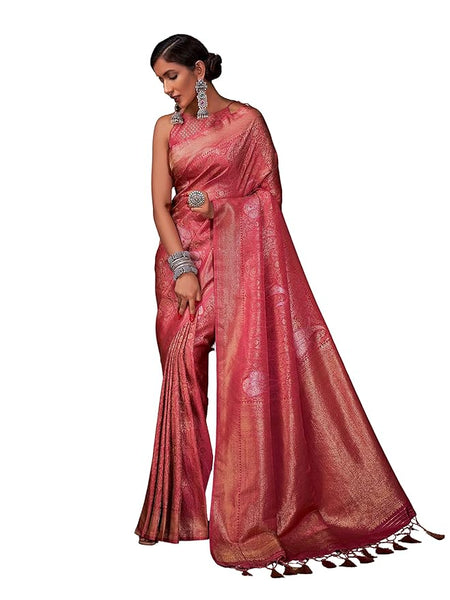 Vardha Women's Kanchipuram Art Silk Saree with Unstitched Blouse Piece - Gold Copper Silver Zari Woven Work Sarees for Wedding