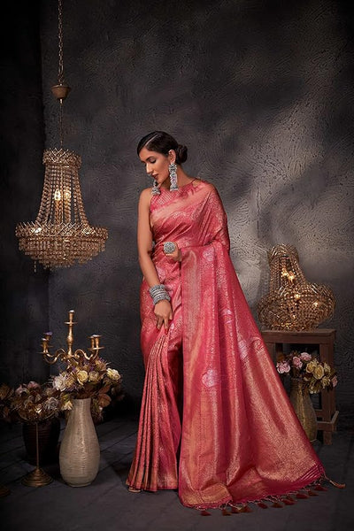 Vardha Women's Kanchipuram Art Silk Saree with Unstitched Blouse Piece - Gold Copper Silver Zari Woven Work Sarees for Wedding