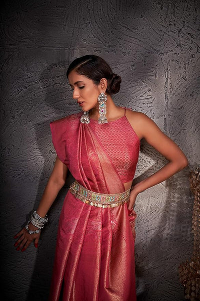 Vardha Women's Kanchipuram Art Silk Saree with Unstitched Blouse Piece - Gold Copper Silver Zari Woven Work Sarees for Wedding