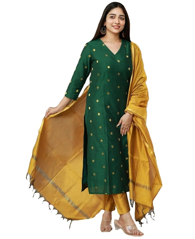 GoSriKi Women's 3 Piece Kurta Pant Dupatta Set | Silk Cotton Kurta Sets for Woman | Kurti Set for Woman | Elegant Suit Set for Women Cotton | Women Kurta Sets with Dupatta Cotton