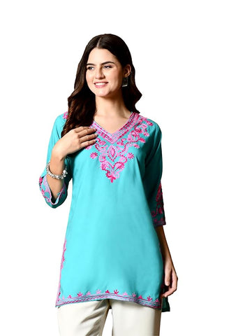 LIBOZA Embroidered Kashmiri Tunic Top, Short Kurti for Women on Jeans, V-Neck, 3/4 Sleeve, Floral Design