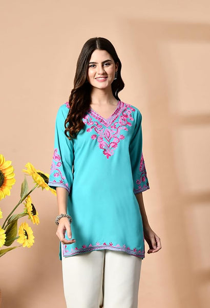 LIBOZA Embroidered Kashmiri Tunic Top, Short Kurti for Women on Jeans, V-Neck, 3/4 Sleeve, Floral Design