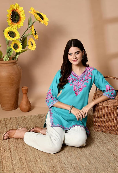 LIBOZA Embroidered Kashmiri Tunic Top, Short Kurti for Women on Jeans, V-Neck, 3/4 Sleeve, Floral Design
