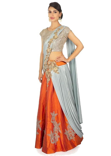 Women's Lurex Shimmer Dupion Silk Orange grey silver lehenga style ready to wear saree.(NVSFS02)