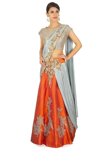 Women's Lurex Shimmer Dupion Silk Orange grey silver lehenga style ready to wear saree.(NVSFS02)