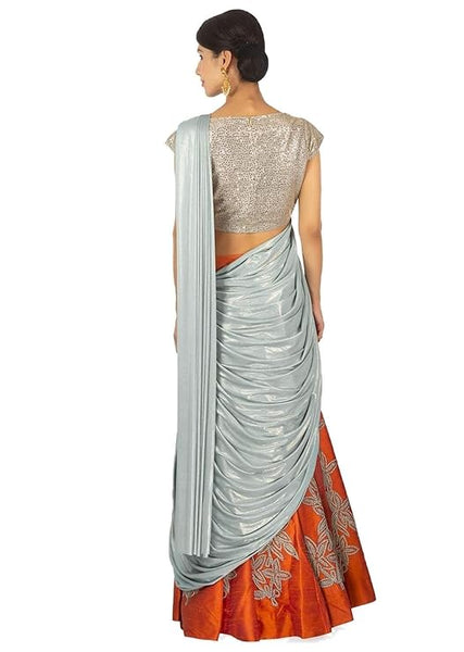 Women's Lurex Shimmer Dupion Silk Orange grey silver lehenga style ready to wear saree.(NVSFS02)