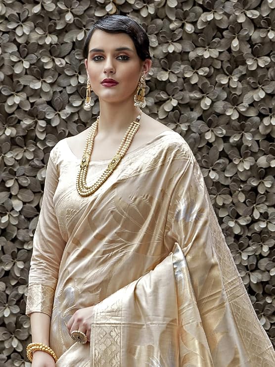 AKHILAM Women's Cotton Silk Botanical Woven Design Saree With Unstitched Blouse Piece