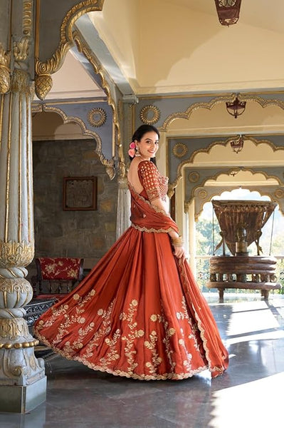 Women's Orange Sequence Embroidery Work Silk Semi-Sttiched Lehenga Choli-JH290ORG