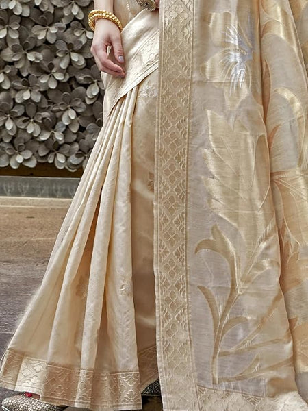 AKHILAM Women's Cotton Silk Botanical Woven Design Saree With Unstitched Blouse Piece