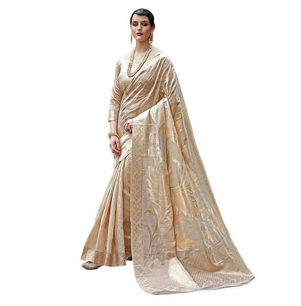 AKHILAM Women's Cotton Silk Botanical Woven Design Saree With Unstitched Blouse Piece